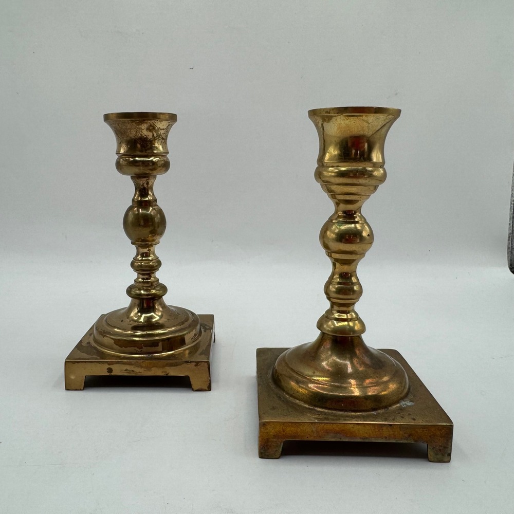 Brass Candlestick Holders Set‎ of 2 Gold Square Base Vintage Style 6.5"